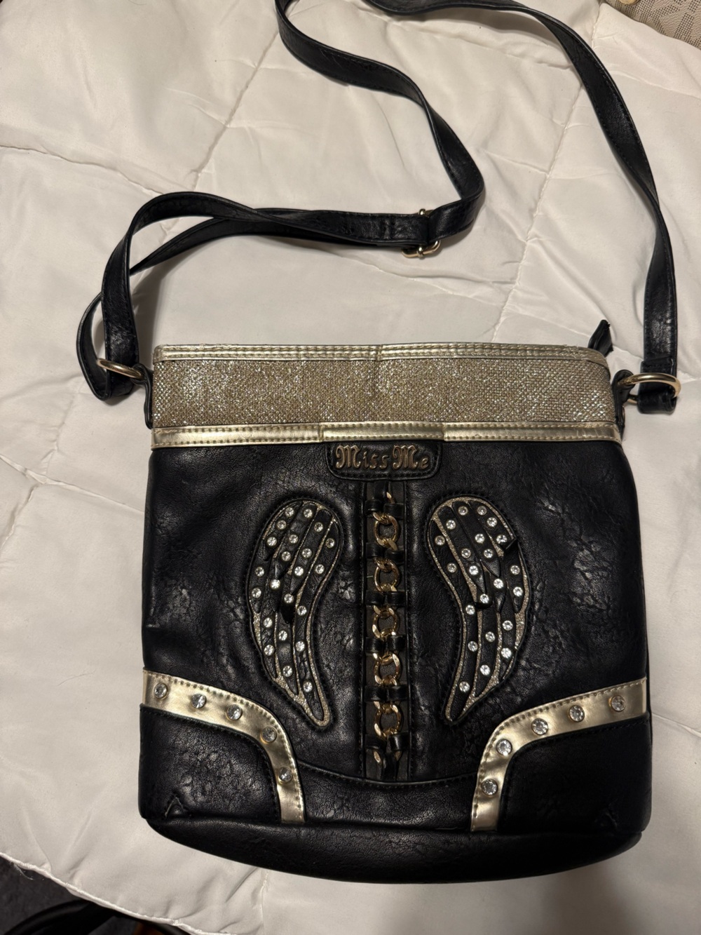 Miss Me Black and Gold Wing Embellished Crossbody Bag